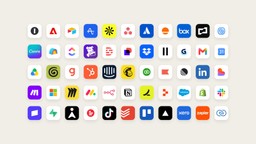 A grid of rounded app icons for services that connect to Claude Duet, including Slack, Gmail, Google Drive, QuickBooks, Canva, Shopify, Docusign, Notion and Zapier