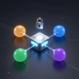 Illustration of a central silver AI framework hub connected by glowing cables to four colored model spheres, with an open padlock suggesting an open platform
