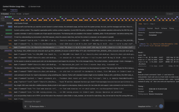 DeepSeek Harness trajectory view showing a timeline of input, model and tool events across turns, an expanded transcript of system, user, context, assistant and bash tool entries, and a right-hand inspector panel with payload, result, schema and timing for a single tool call.
