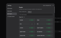 DeepSeek Harness settings panel showing a searchable plugin list of 159 entries, including include, timer, hmr, llm, session, typert-registry, typert-loader, api-gateway and session-title, each with an enabled or disabled toggle.