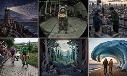 Six images generated by Fibo 2.0: a lighthouse with a flock streaming past, a raccoon holding pizza in a security-camera frame, two people with a camp stove above a city, cyclists on cobblestones, a layered paper-cut landscape, and a couple walking beneath a curling wave