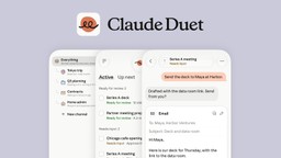 Claude Duet product screenshot showing a channels sidebar, a Tasks tab with items marked ready for review or needing input, and an email draft awaiting approval