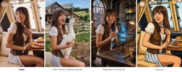 Four panels showing one source photo of a woman at a table, followed by three Fibo 2.0 edits: the same woman in a farmyard holding a goose, in a steampunk workshop with a glowing device, and redrawn as pixel art