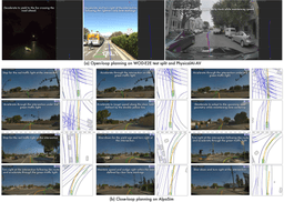 Driving scenes annotated with the model's natural-language rationale alongside its planned trajectory, for open-loop planning on WOD-E2E and PhysicalAI-AV and closed-loop planning on AlpaSim.