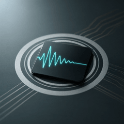 A small black processor die on a charcoal circuit board with a glowing cyan audio waveform running across it, its peaks shrinking toward a flat line