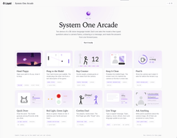 Screenshot of the System One Arcade demo gallery, a grid of ten camera and drawing demos such as Hand Flappy, Pong, Rep Counter, Quick Draw and Live Triage, each tagged with the decision primitive it uses.