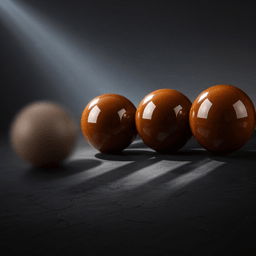 Four amber ceramic spheres in a row on a dark surface, each rendered with progressively sharper surface detail, lit by a single beam of light