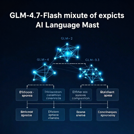 GLM-4.7-Flash neural network architecture visualization with glowing nodes and connections