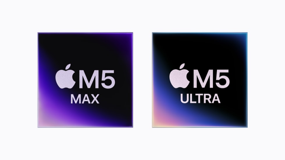 Renderings of the M5 Max and M5 Ultra system-on-chip packages side by side