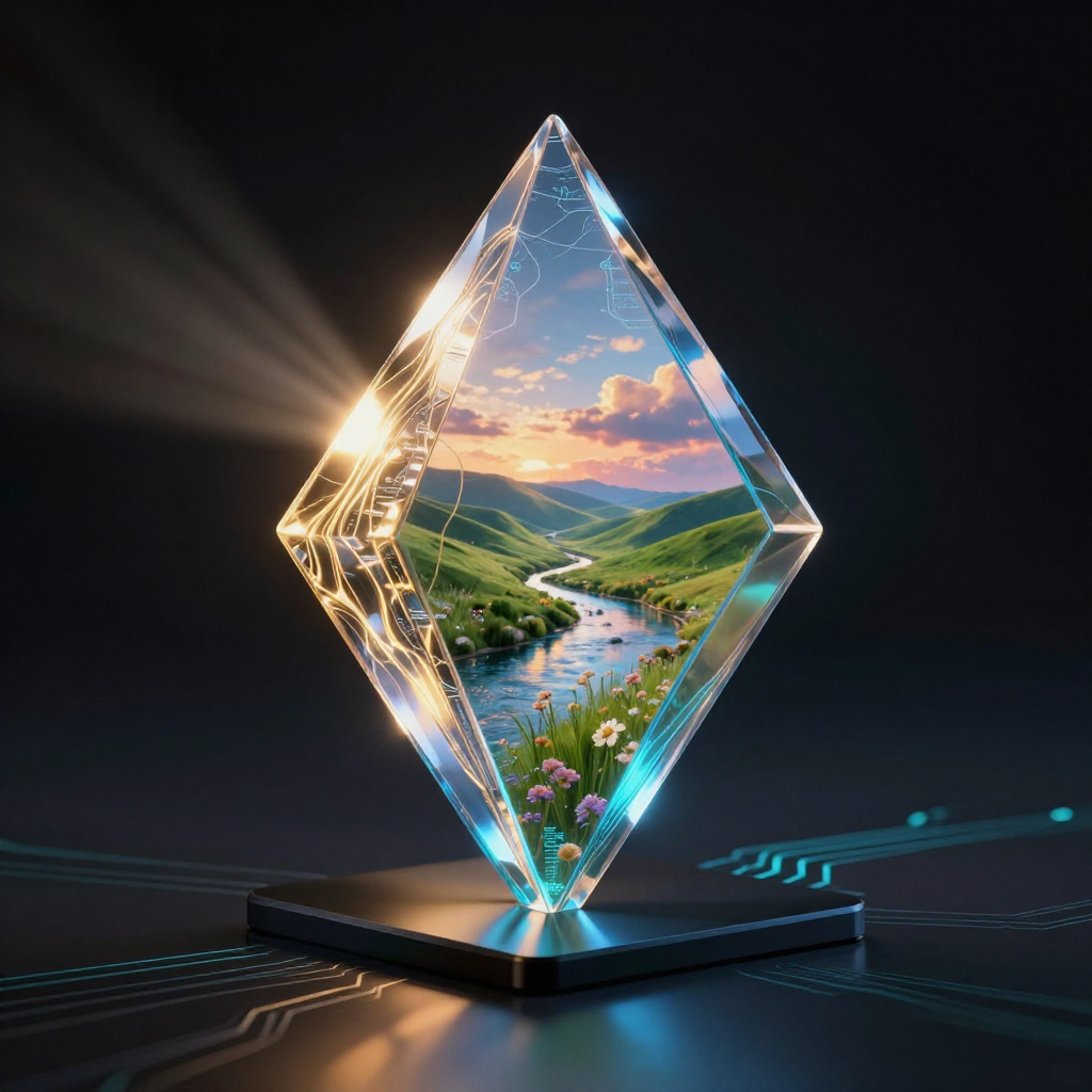 Conceptual visualization of an AI image generation engine projecting a photorealistic landscape from a crystalline prism