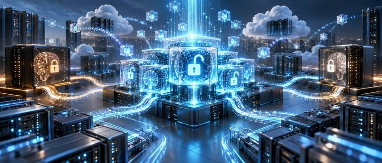 Illustration of a server farm with glowing data links between racks marked with open padlock icons