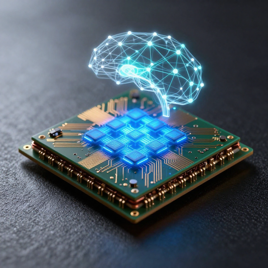 Cross-section of a silicon chip with a glowing neural engine section connected to a holographic transformer architecture