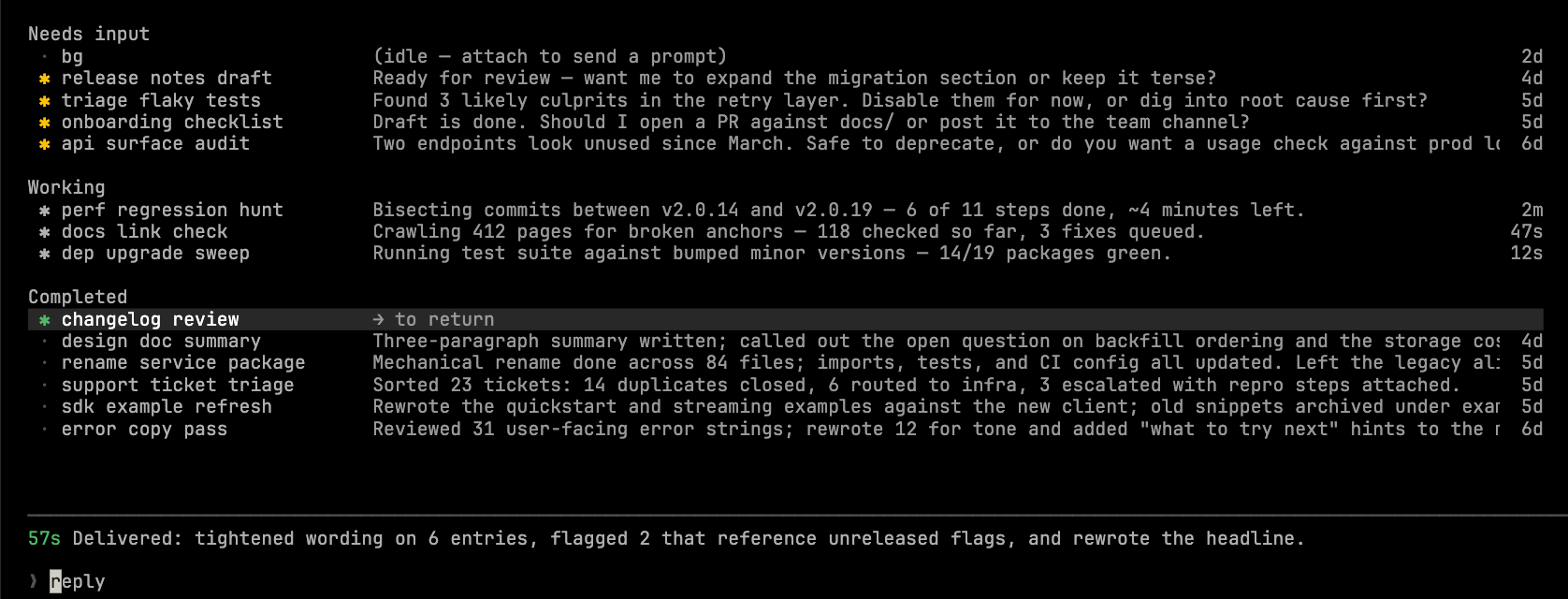 Peek panel in Claude Code agent view showing a session's recent output with a reply input field