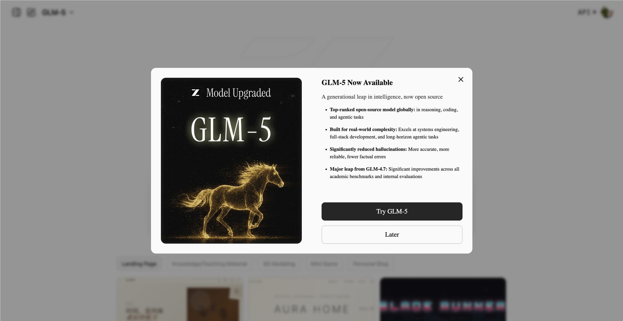 Z.ai chat interface powered by GLM-5