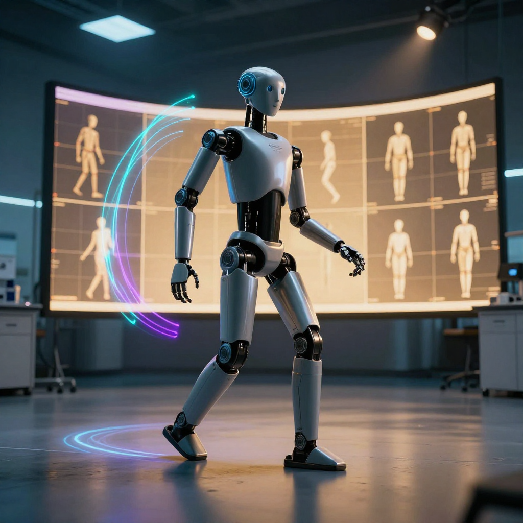 Humanoid robot performing dynamic whole-body motion with holographic trajectory visualization in a research laboratory
