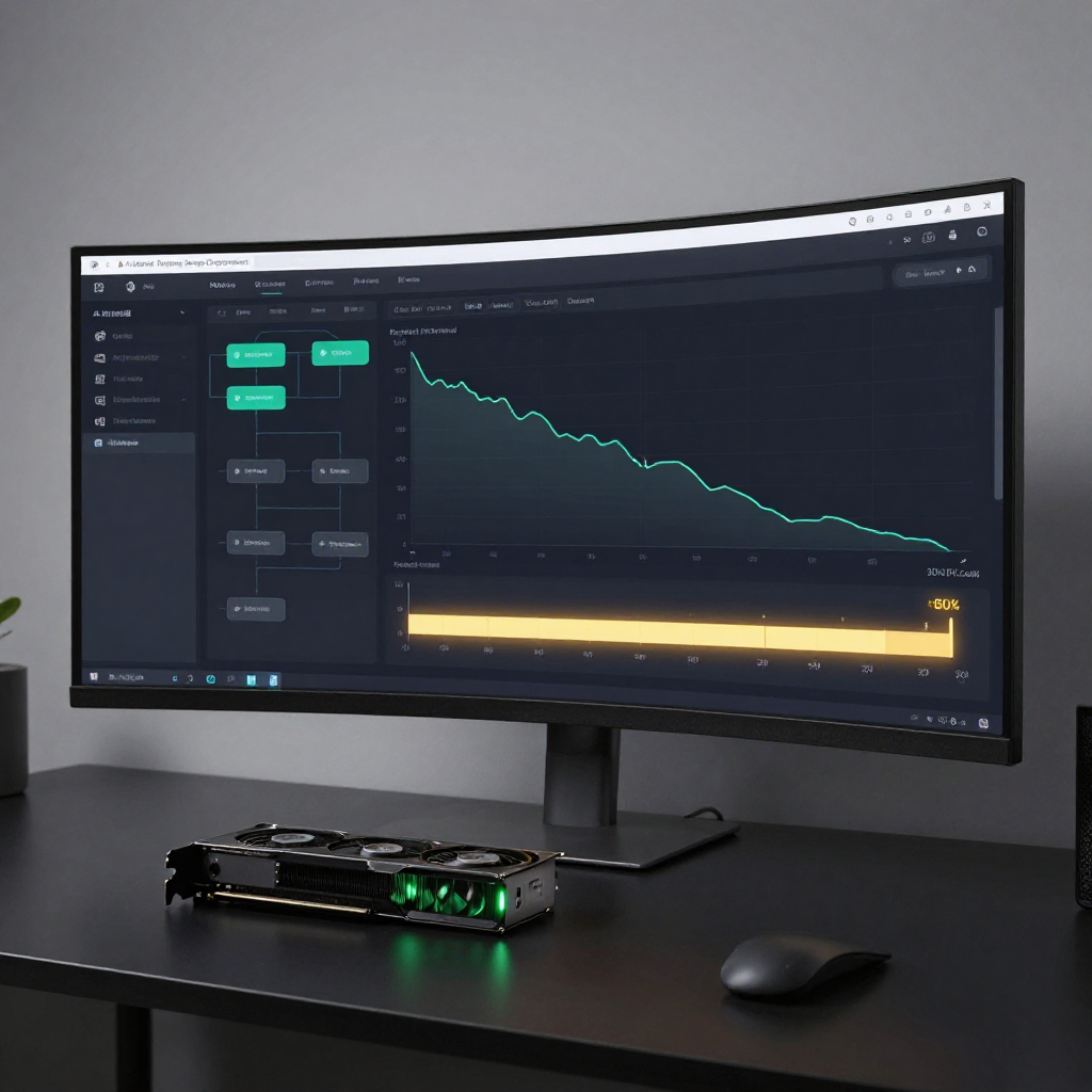 AI model training dashboard with workflow nodes and GPU monitoring on an ultrawide monitor