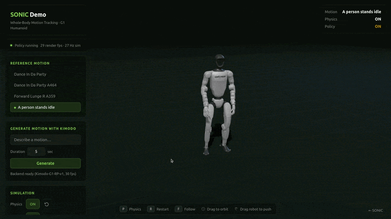 Humanoid robot tracking Kimodo-generated motion in the GEAR-SONIC framework
