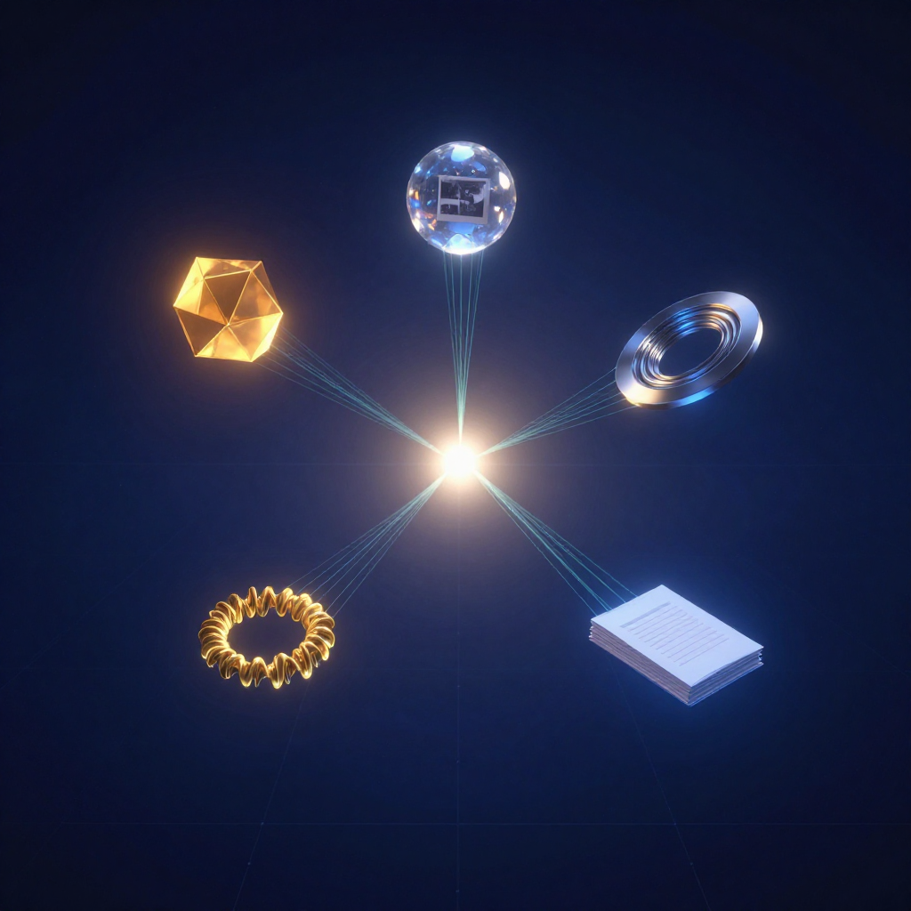 Abstract visualization of five geometric forms representing text, images, video, audio, and documents converging into a single embedding space