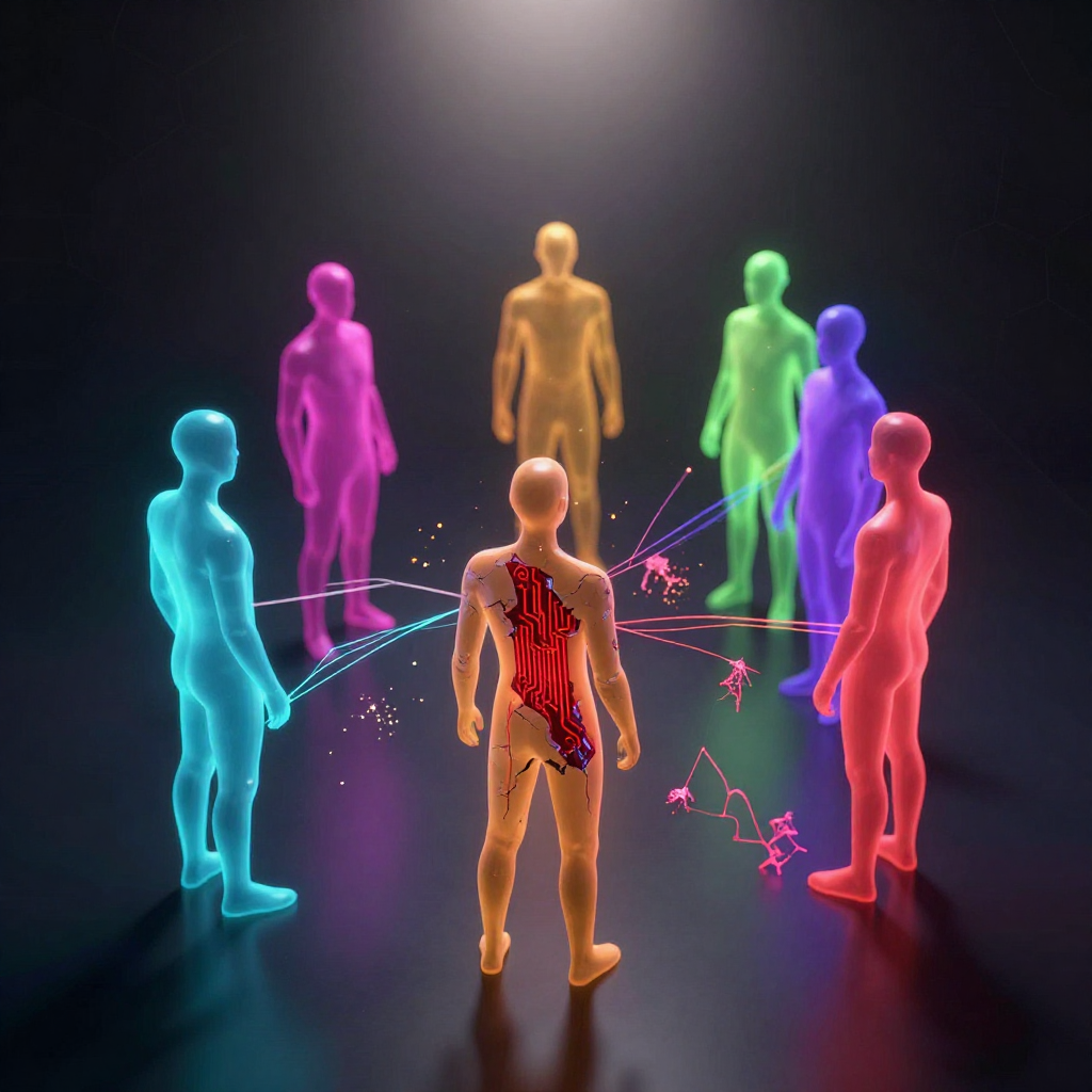 Illustration of six autonomous AI agents in a chaotic network of interweaving data streams
