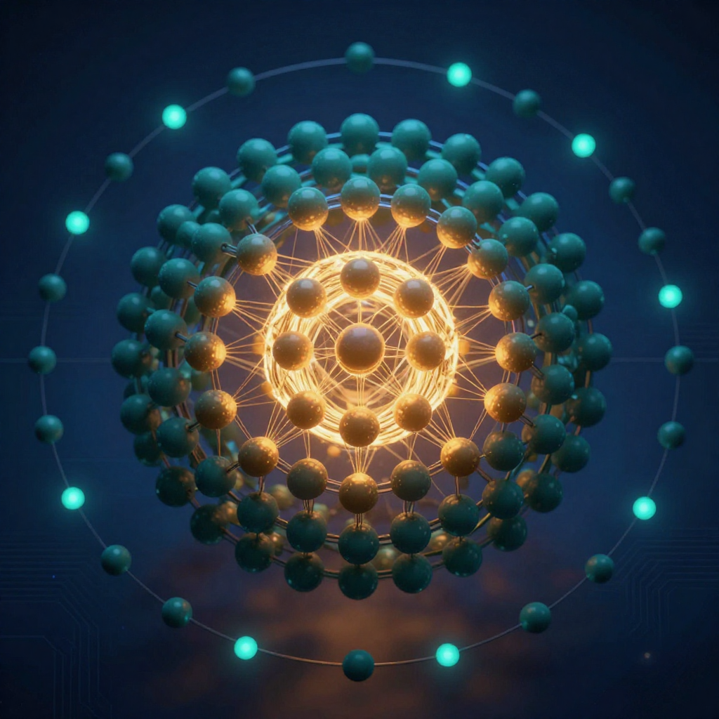 Stylized visualization of a sparse Mixture-of-Experts model: a central glowing core surrounded by hundreds of inactive expert nodes and a small number of active experts, with an outer ring of sub-agent satellites.