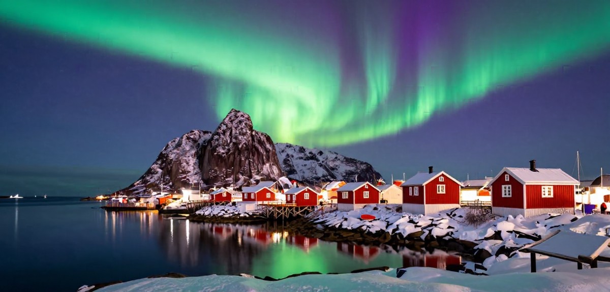 The aurora borealis in green and violet over a snowy Lofoten fishing village with red wooden cabins reflected in a calm fjord at night