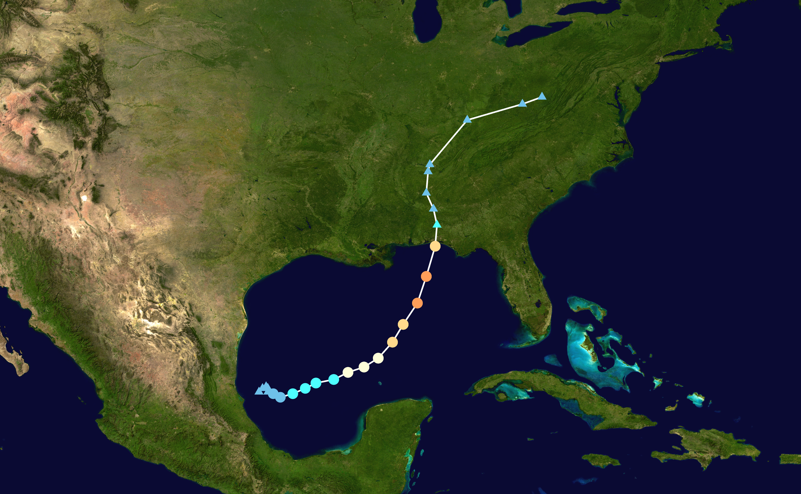 Satellite map of the Gulf of Mexico and southeastern United States showing Hurricane Isaias's track from the southwestern Gulf northeast to the Florida Panhandle and inland