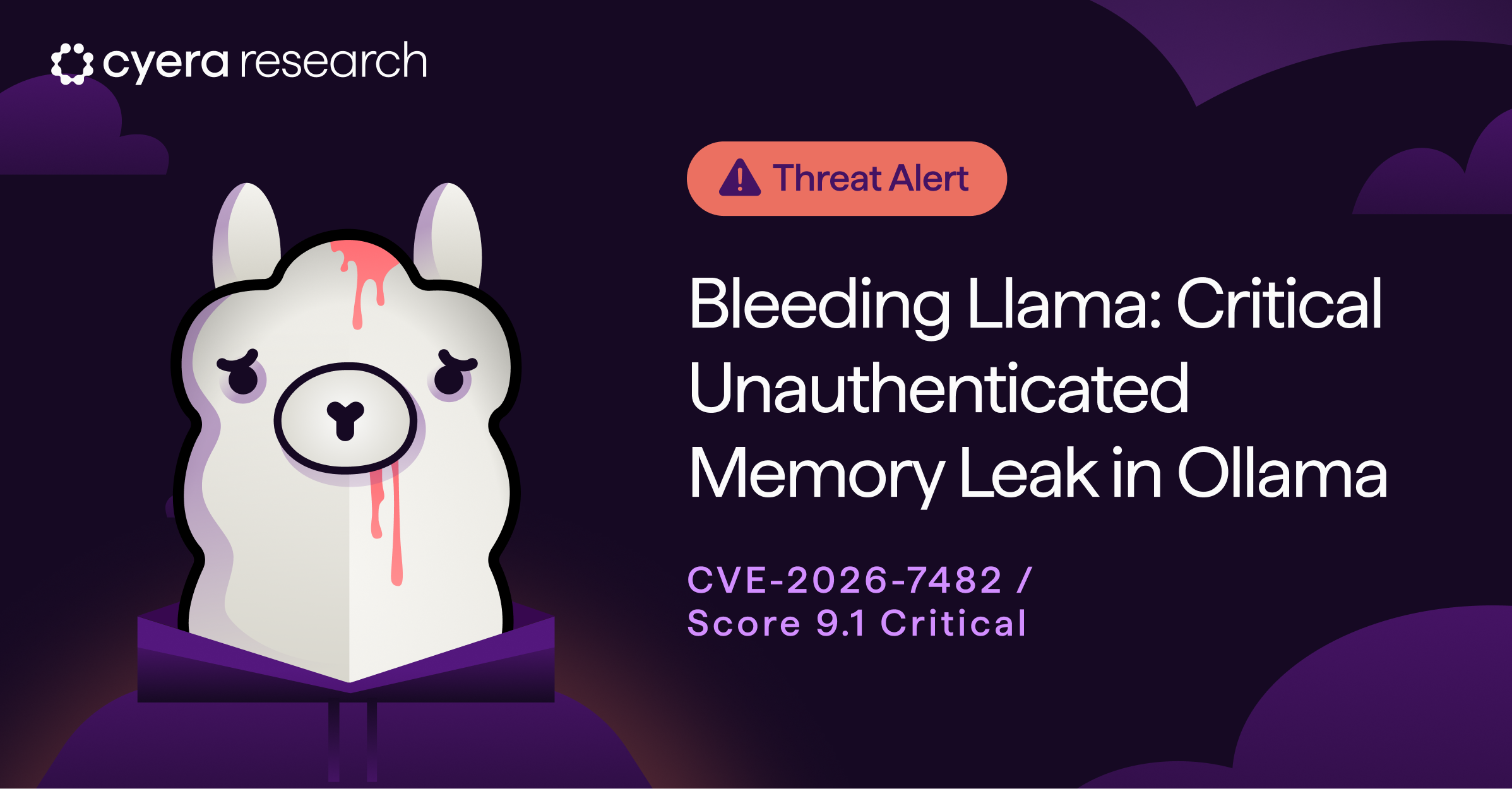Cyera Research threat alert graphic for Bleeding Llama (CVE-2026-7482)