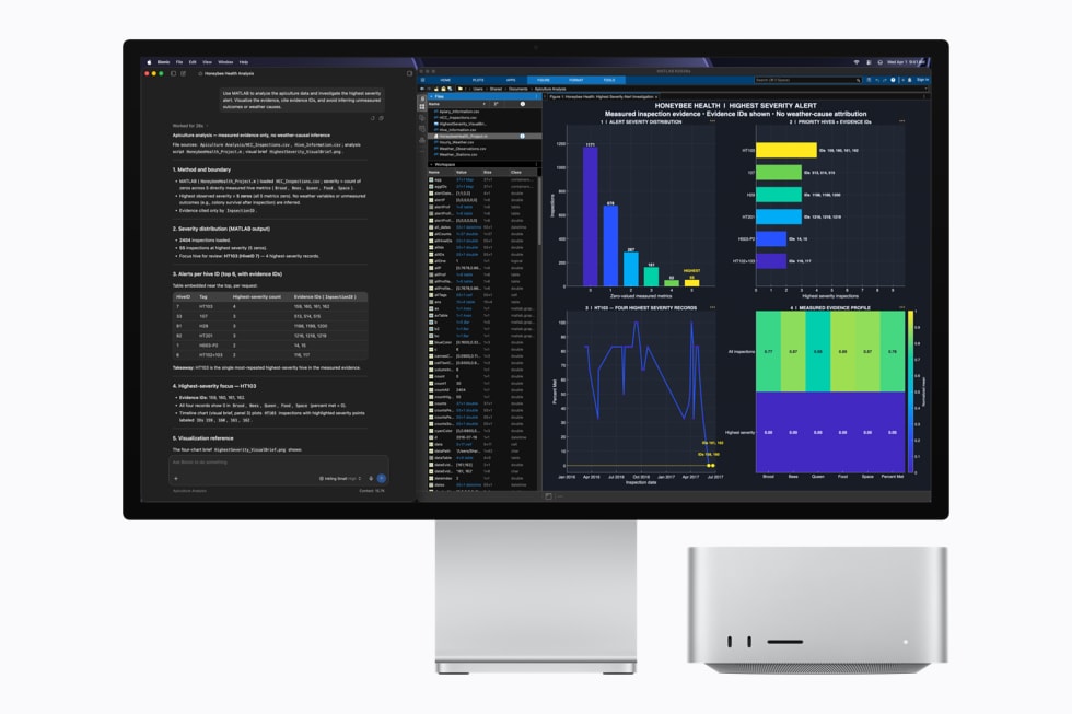A Mac Studio display showing LM Studio running a local model alongside MATLAB