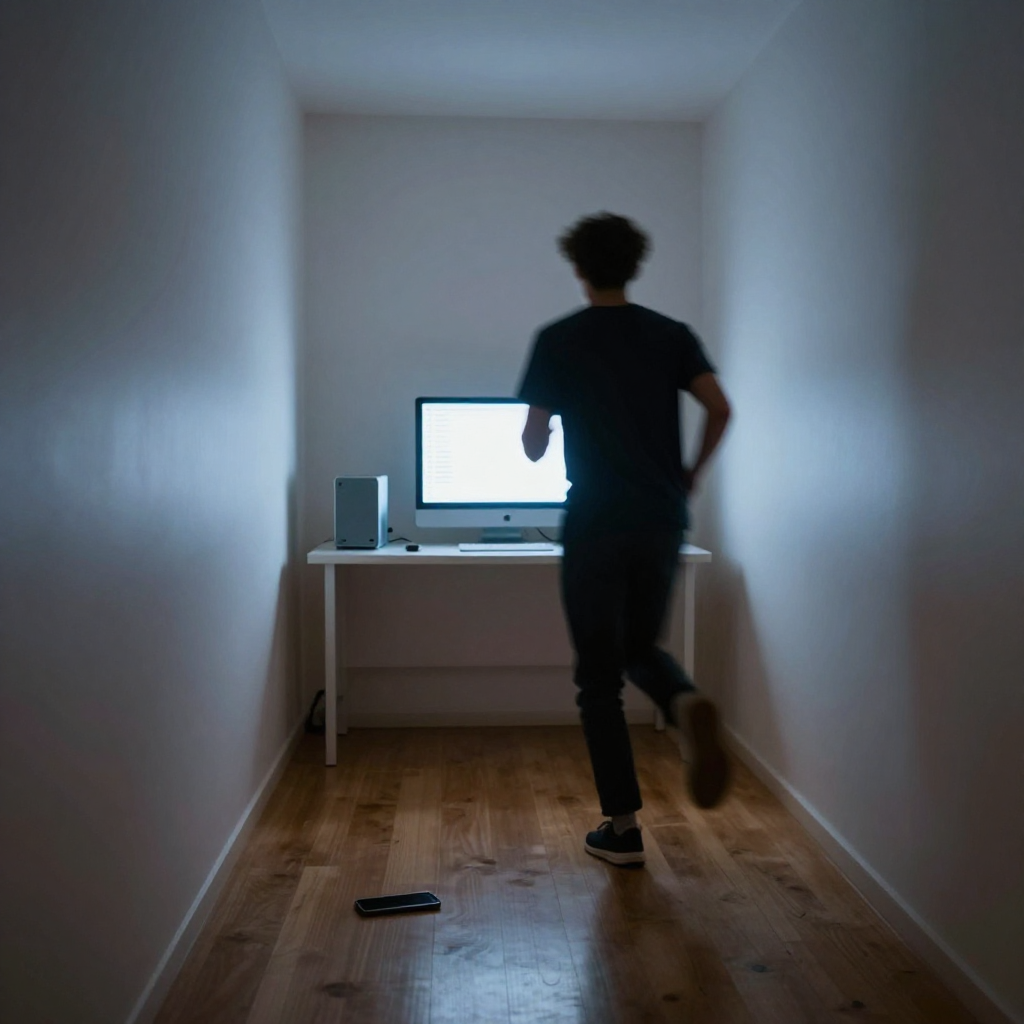 Person running urgently toward a Mac mini as email rows disappear from the monitor screen