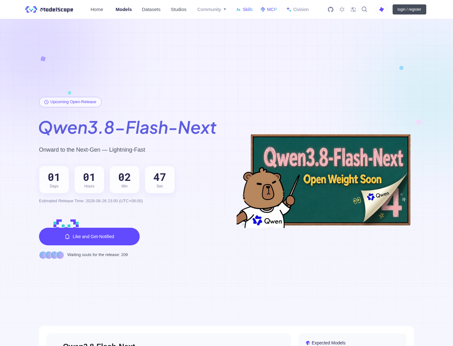 ModelScope countdown page for Qwen3.8-Flash-Next, showing the tagline 'Onward to the Next-Gen — Lightning-Fast', a release countdown timer, and an estimated release time of 2026-08-26 23:00 UTC+08:00