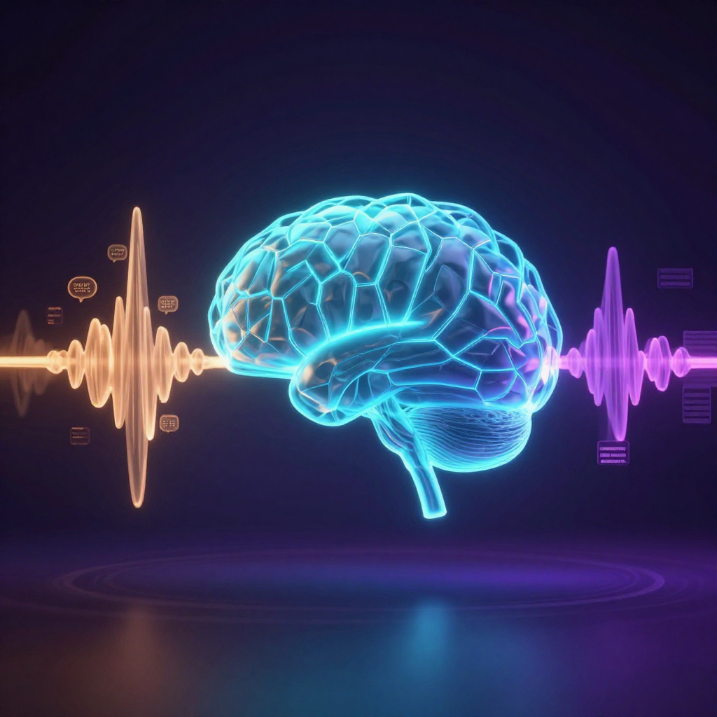 Stylized illustration of a glowing audio waveform splitting into three luminous ribbons representing voice reasoning, translation, and transcription.