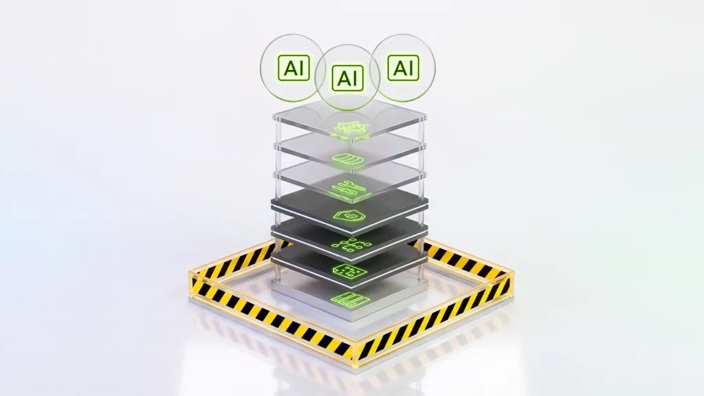 Three AI agent icons above a layered runtime stack with green control icons, surrounded by a yellow-and-black safety barrier