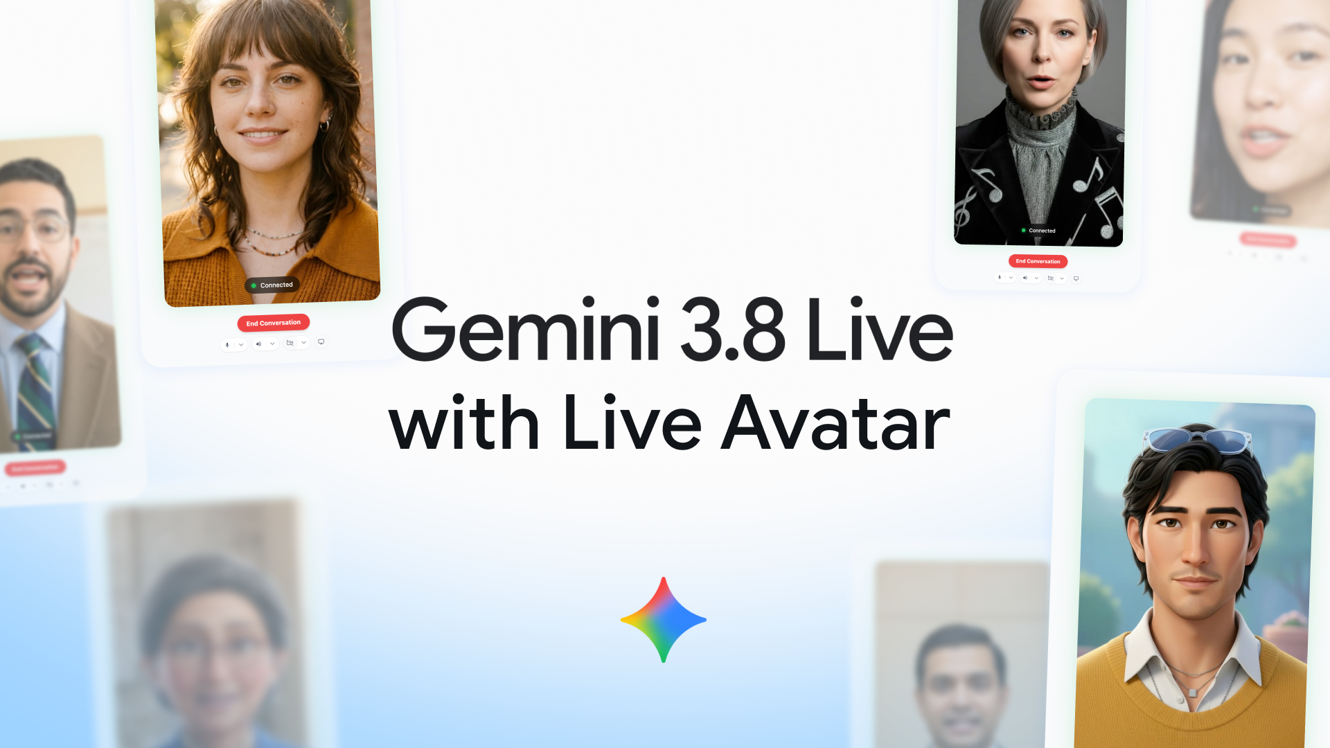 Several video-call style avatar panels, some photorealistic and one stylised, surrounding the title Gemini 3.8 Live with Live Avatar