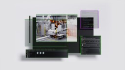 Composite of software windows showing a simulated robotic car-assembly cell, a code editor and a 3D scene property panel