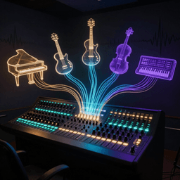 AI-generated illustration of a mixing console with luminous data streams connecting to floating instrument silhouettes