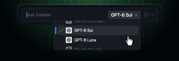 GitHub Copilot model picker with GPT-6 Sol selected and GPT-6 Luna listed below it