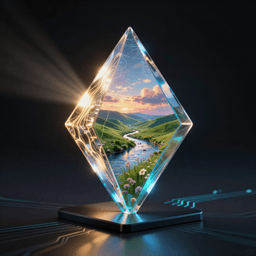 Conceptual visualization of an AI image generation engine projecting a photorealistic landscape from a crystalline prism