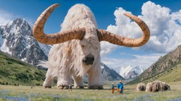 A frame from an LTX-2.5 generated clip showing an enormous long-haired white yak with curved horns standing in an alpine meadow, with small human figures in blue and orange robes in the foreground and snow-capped mountains behind.