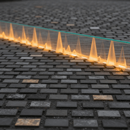 A dense grid of dark tiles with a sparse scattering of amber-lit tiles; a translucent plane passes across the field and lifts the lit tiles into a continuous glowing waveform.