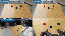 Four views of a block-stacking task with red, blue, yellow and green cubes on a wooden table, labelled F3 in control and Astra disabled or in control