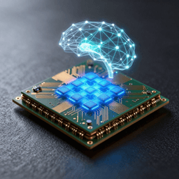 Cross-section of a silicon chip with a glowing neural engine section connected to a holographic transformer architecture