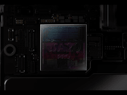 Die shot of the Apple A20 Pro system-on-chip mounted on an iPhone logic board, showing the silicon floorplan in magenta and teal