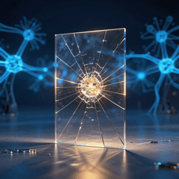 A cracked translucent shield with neural network nodes glowing behind it, symbolizing fractured AI safety commitments