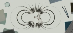 Abstract illustration of dipole field lines radiating symmetrically from a dense central mass, surrounded by scattered drafting tools and paper on a pale desk surface