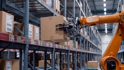Frame generated by LTX-2.5 showing an orange industrial robot arm lifting a cardboard box from a warehouse shelving rack.