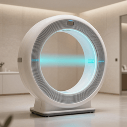 Conceptual illustration of a vertical ring-shaped full-body ultrasound scanner in a minimalist spa-like room
