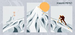 Xiaomi MiMo launch artwork: three illustrated panels of snowy mountains, with a climber ascending a dotted orange route toward a summit