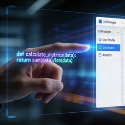 Illustration of audio-visual vibe coding showing a hand interacting with code and UI prototype