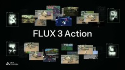 FLUX 3 Action title card surrounded by clips of robot arms, driving games, a drone view and first-person game footage