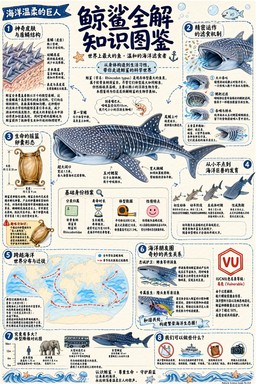 A dense whale shark knowledge infographic with labeled illustrations and body text